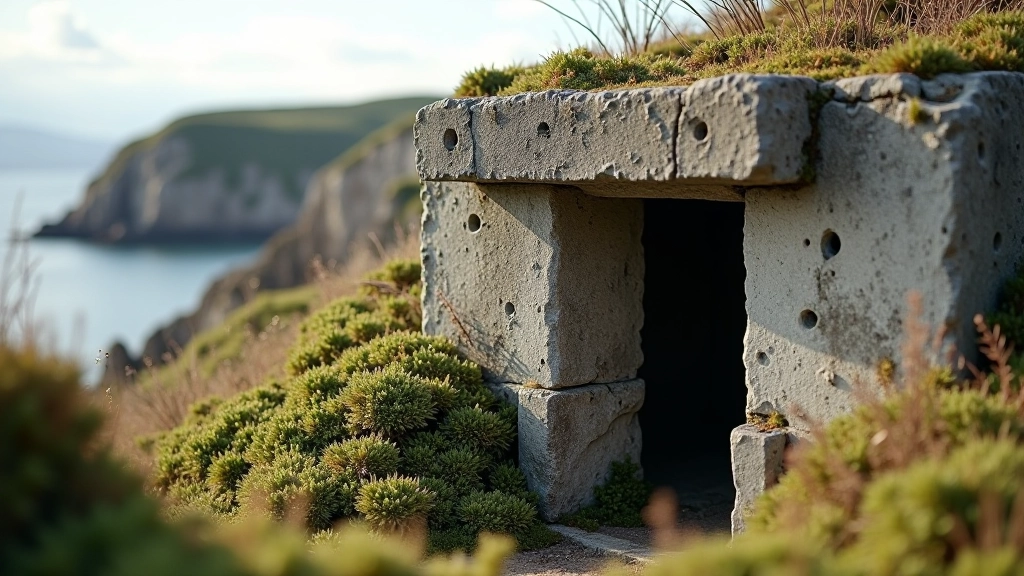 Lähedal pildistatud sõjaväe bunker, mille sissepääs ja ümbritsev ranniku maastik on nähtavad
