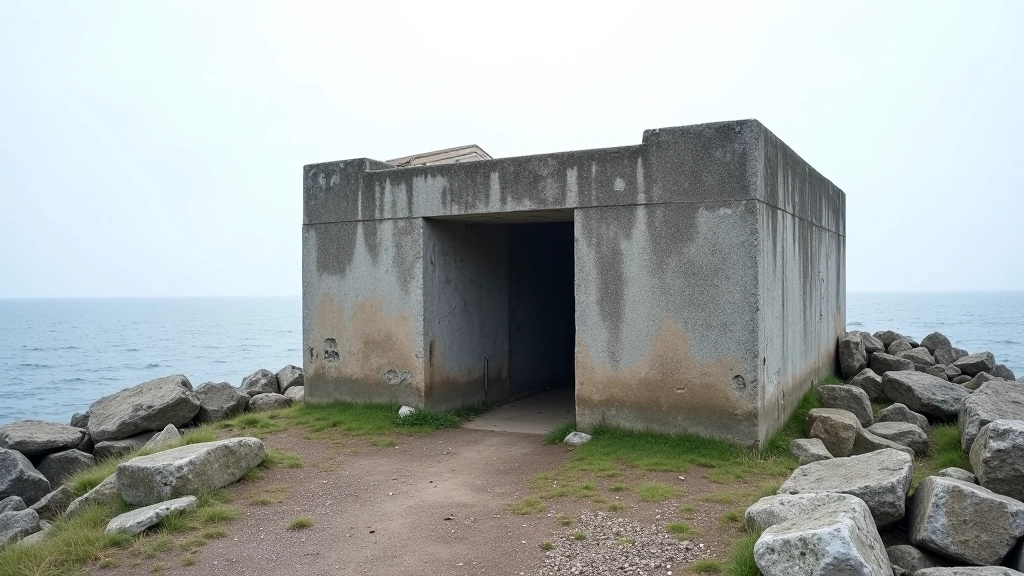 Konkreetne sõjaväe bunker ranniku lähedal, mille sein on näha, ja taustaks meri